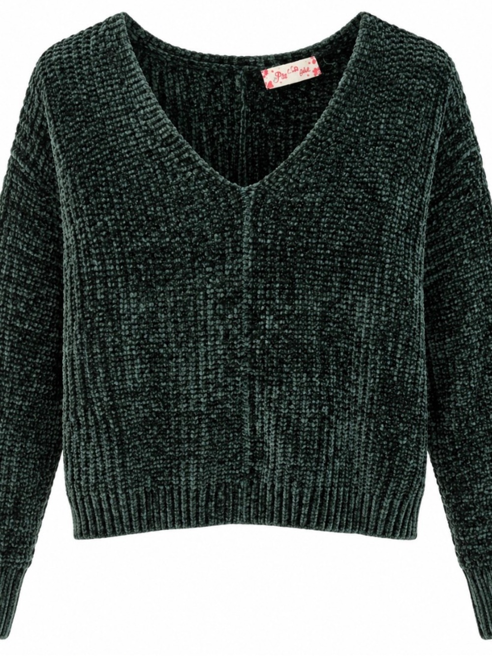 Pink Rose Chenille V-Neck Sweater in Deep Green size XS